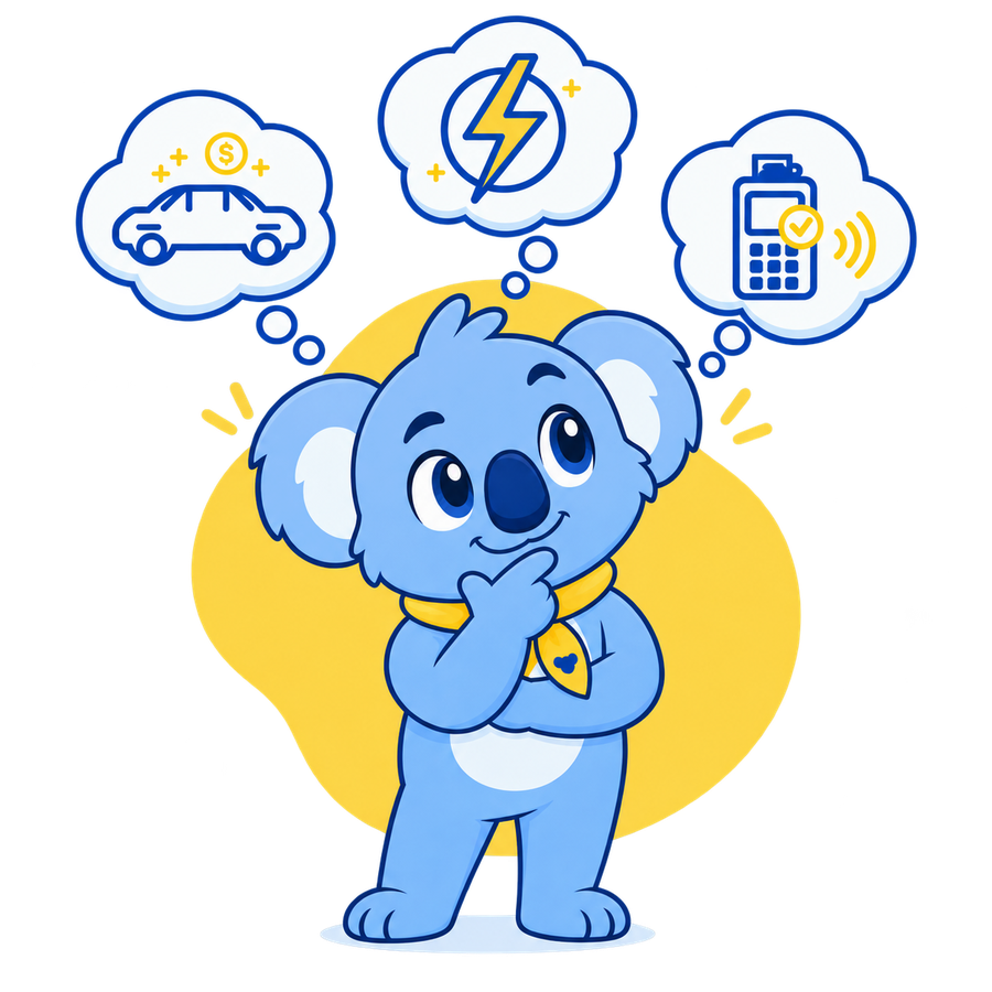 Kompare Koala mascot thinking about car finance, business energy and POS systems