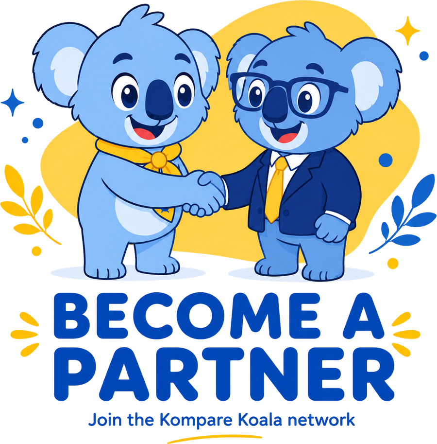 Two Kompare Koala mascots shaking hands, welcoming new partners to the Kompare Koala network