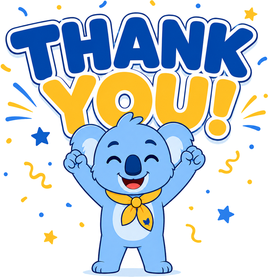 Kompare Koala mascot celebrating with confetti and a Thank You message